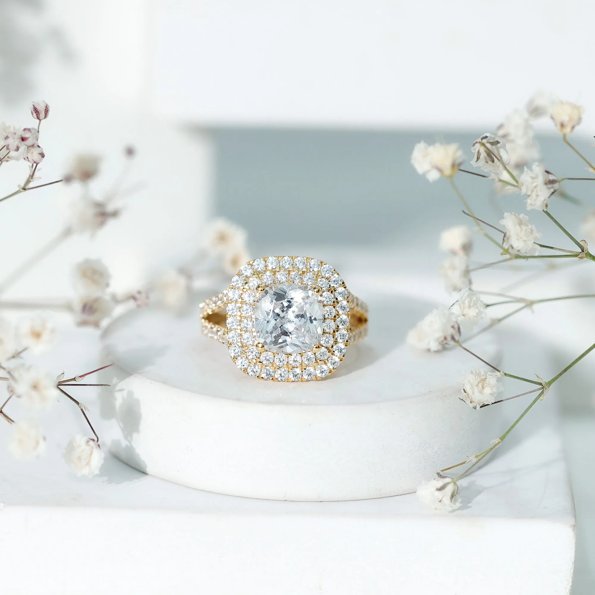 Certified Cushion Cut Moissanite Double Halo Engagement Ring