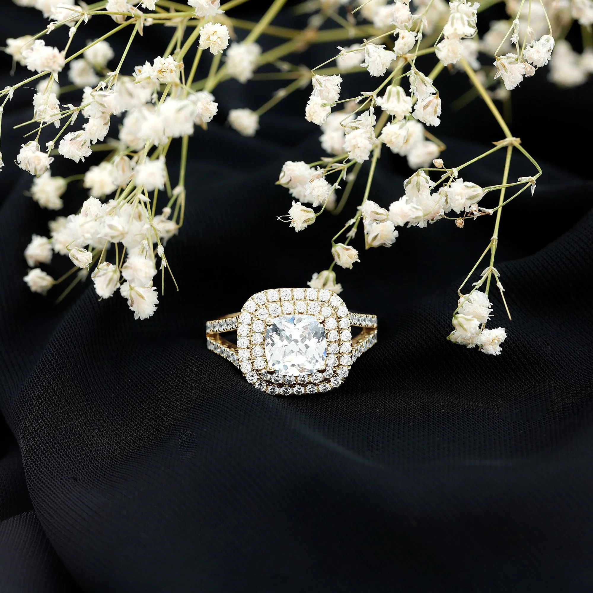 Certified Cushion Cut Moissanite Double Halo Engagement Ring