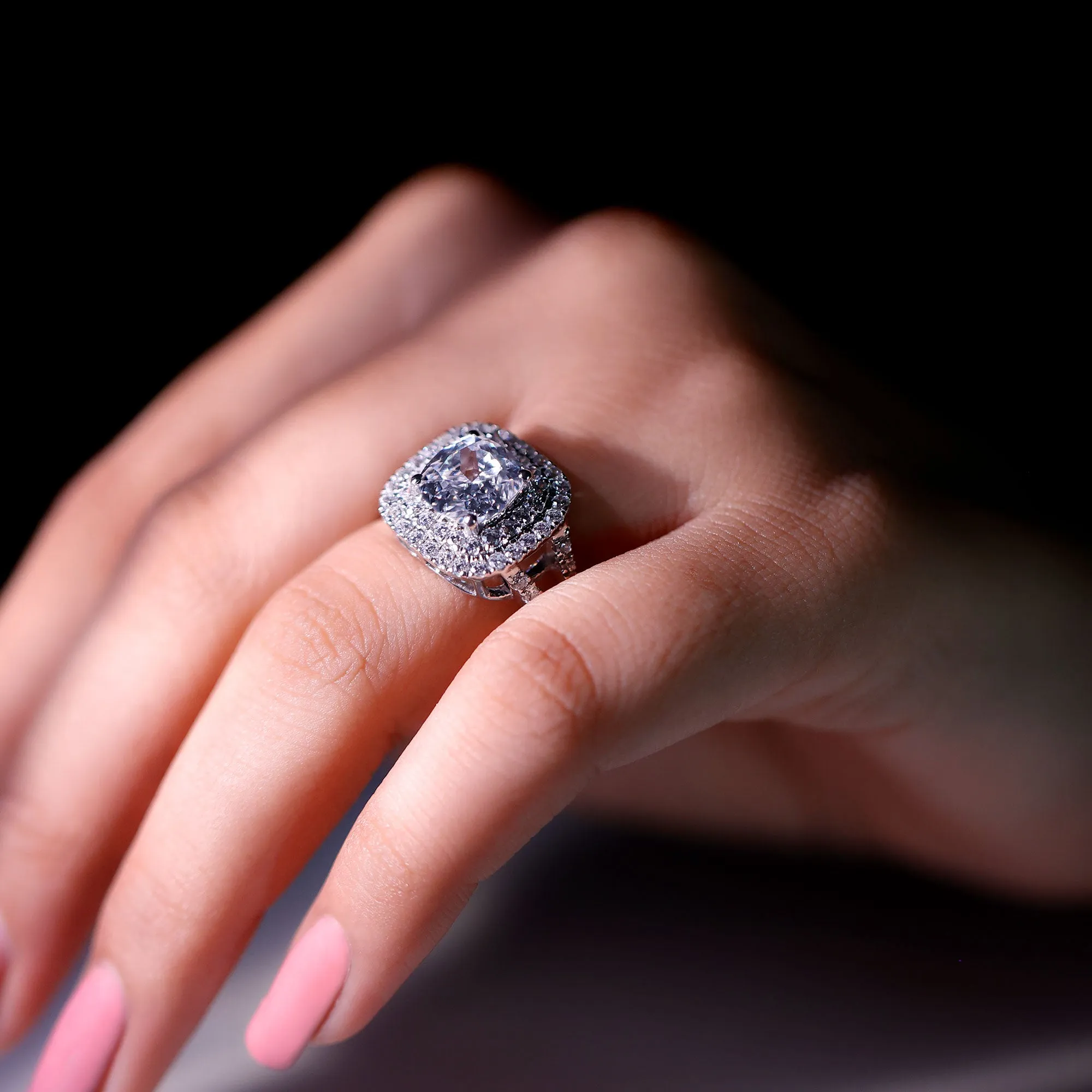 Certified Cushion Cut Moissanite Double Halo Engagement Ring
