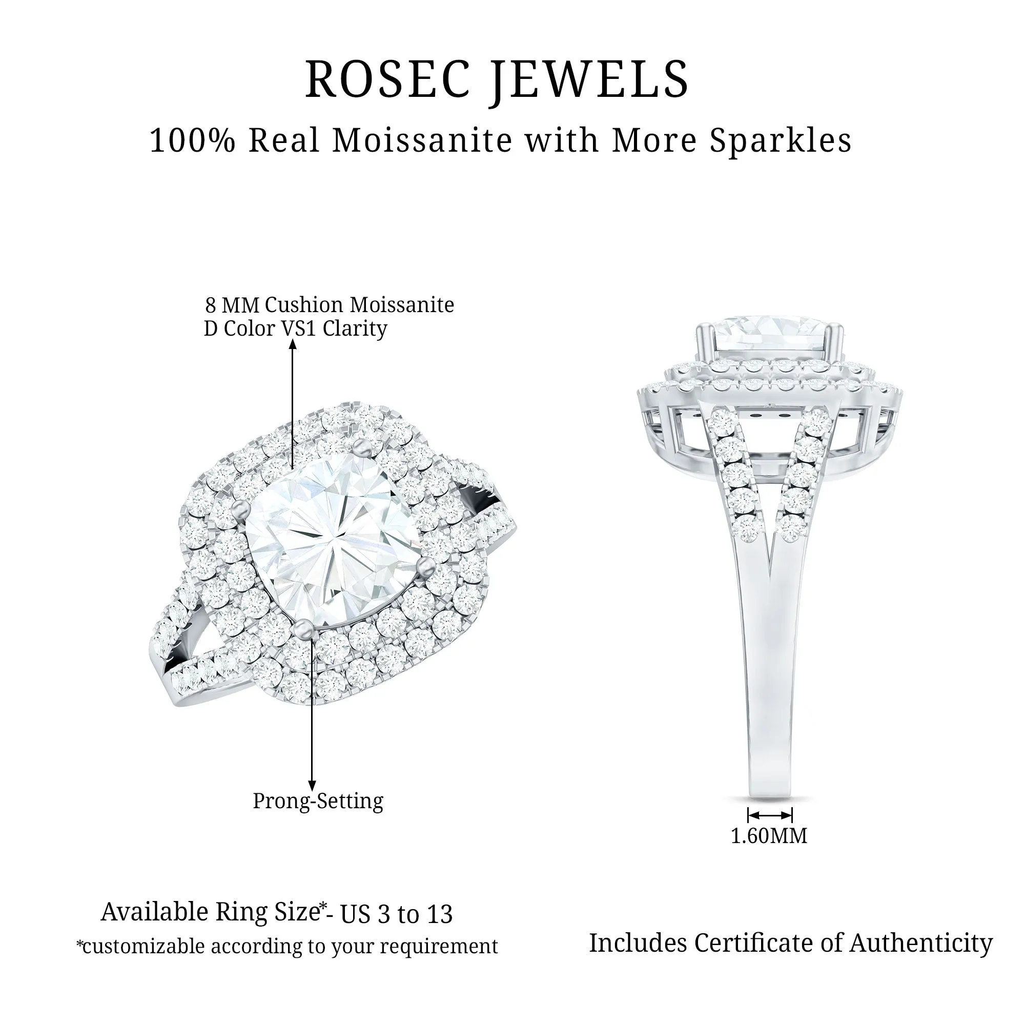 Certified Cushion Cut Moissanite Double Halo Engagement Ring