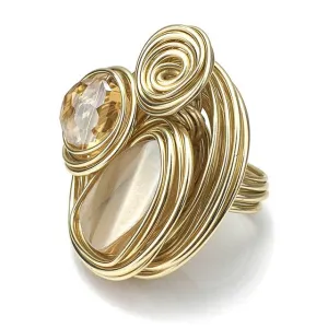 Champagne Zircon Wire Helical Ring For Women 10K Gold Jewelry