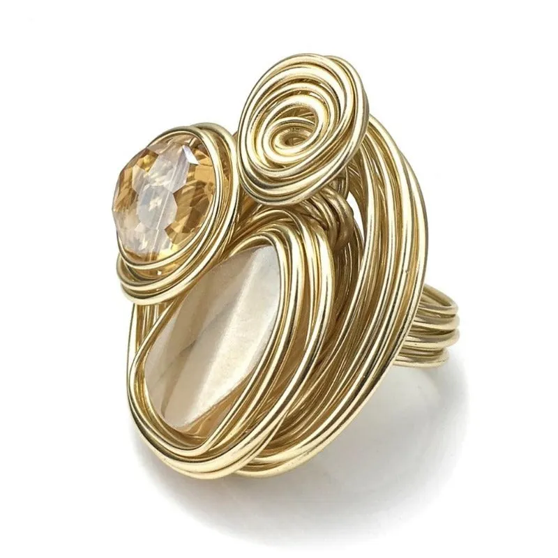 Champagne Zircon Wire Helical Ring For Women 10K Gold Jewelry