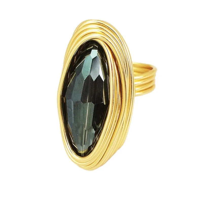 Champagne Zircon Wire Helical Ring For Women 10K Gold Jewelry