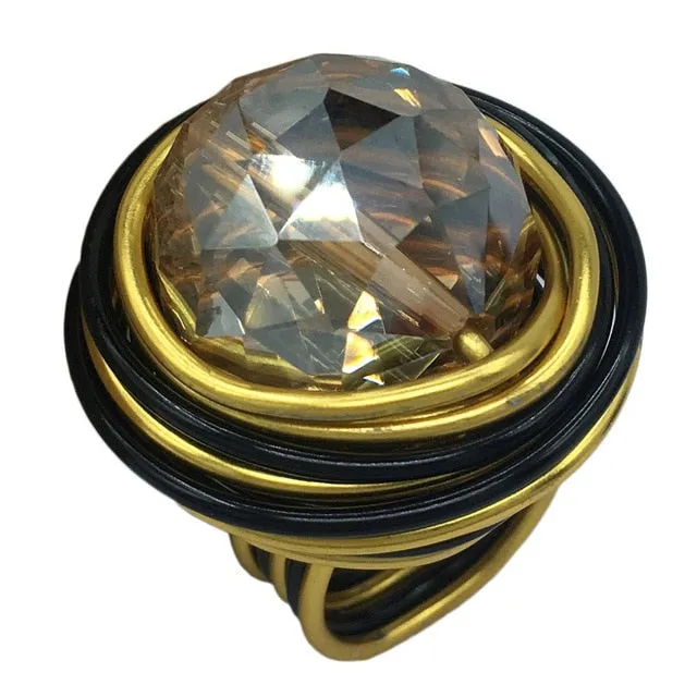 Champagne Zircon Wire Helical Ring For Women 10K Gold Jewelry