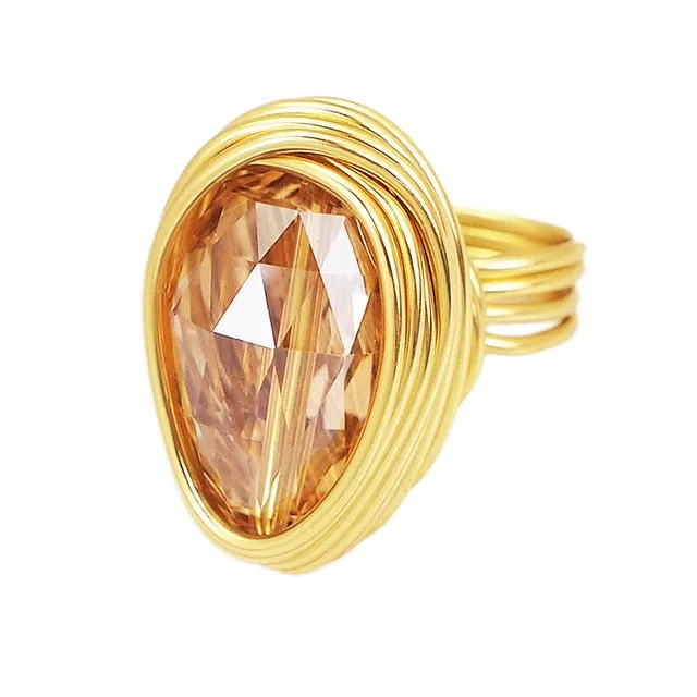 Champagne Zircon Wire Helical Ring For Women 10K Gold Jewelry