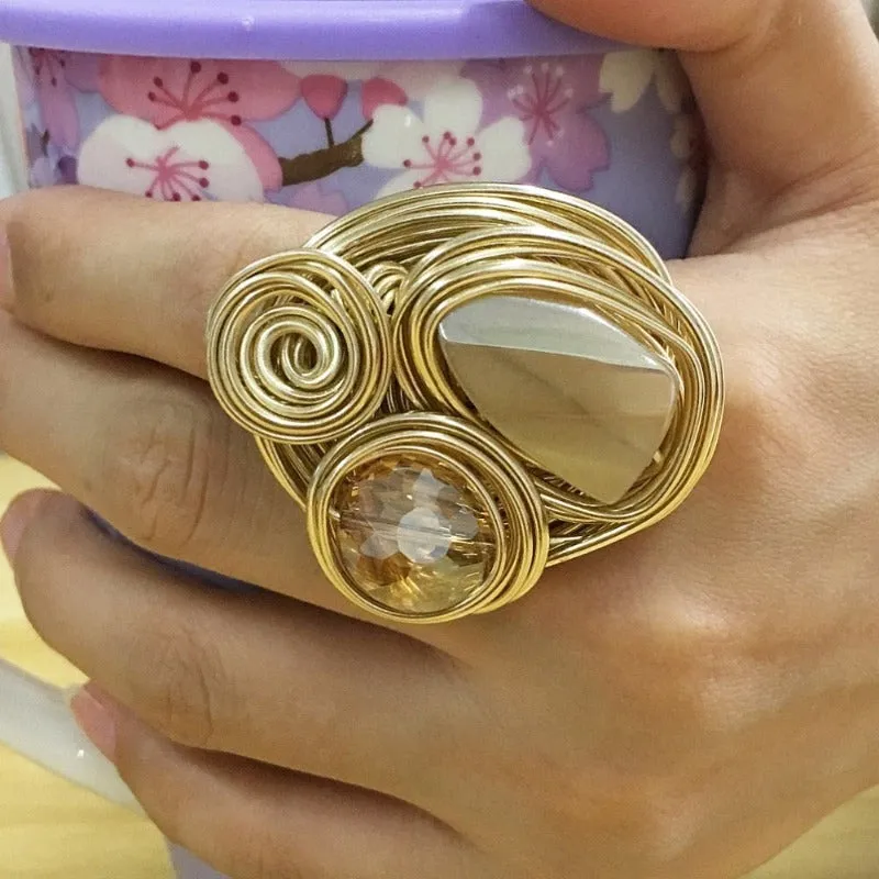 Champagne Zircon Wire Helical Ring For Women 10K Gold Jewelry