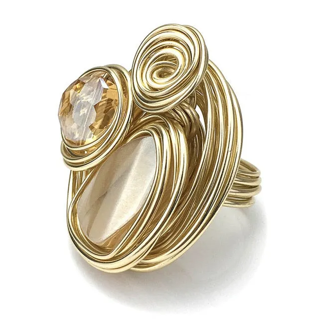 Champagne Zircon Wire Helical Ring For Women 10K Gold Jewelry