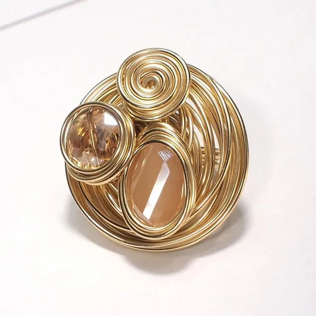 Champagne Zircon Wire Helical Ring For Women 10K Gold Jewelry