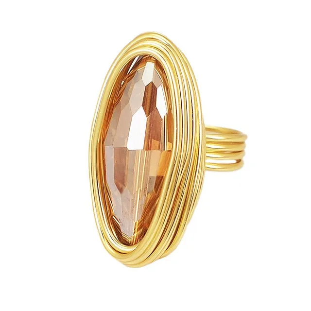 Champagne Zircon Wire Helical Ring For Women 10K Gold Jewelry