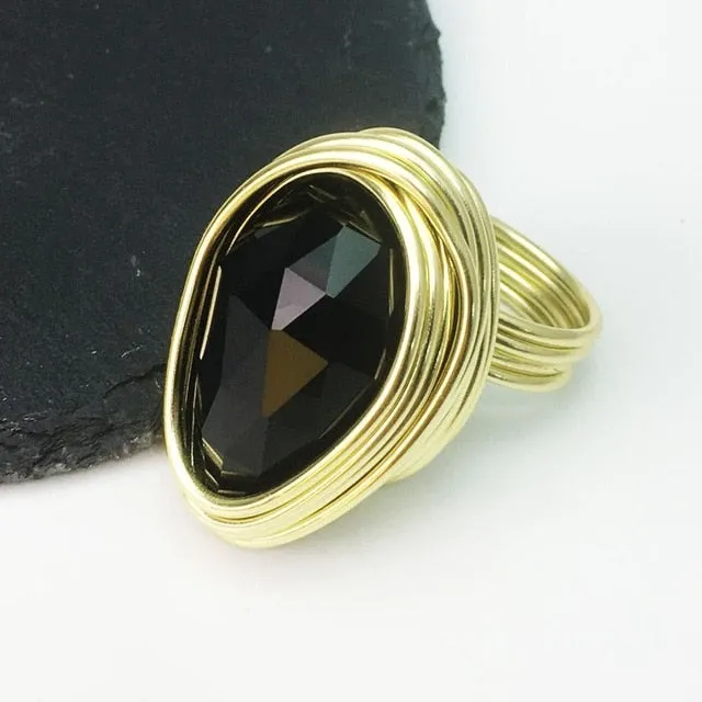 Champagne Zircon Wire Helical Ring For Women 10K Gold Jewelry