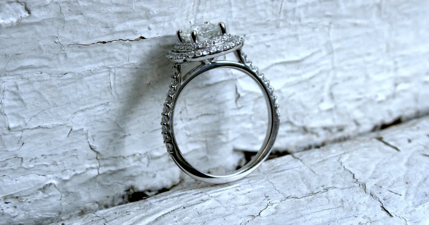 Classic Diamond Double Halo and Cushion Moissanite Ring Engagement Ring in 14K White Gold.