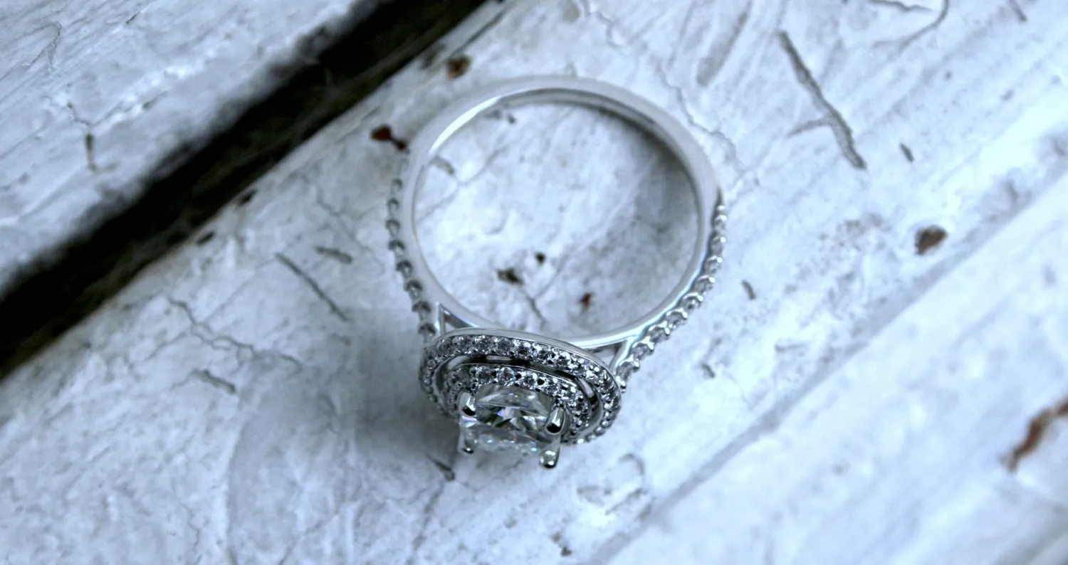 Classic Diamond Double Halo and Cushion Moissanite Ring Engagement Ring in 14K White Gold.