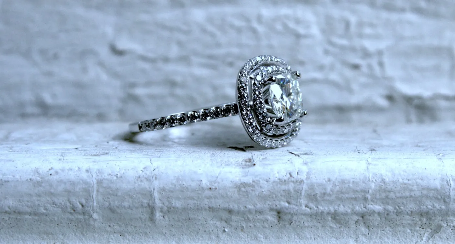 Classic Diamond Double Halo and Cushion Moissanite Ring Engagement Ring in 14K White Gold.