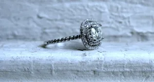 Classic Diamond Double Halo and Cushion Moissanite Ring Engagement Ring in 14K White Gold.