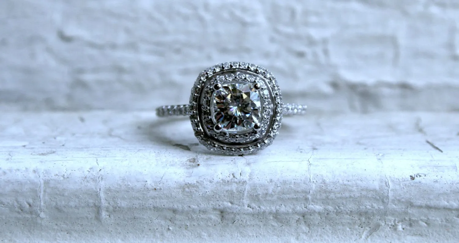 Classic Diamond Double Halo and Cushion Moissanite Ring Engagement Ring in 14K White Gold.