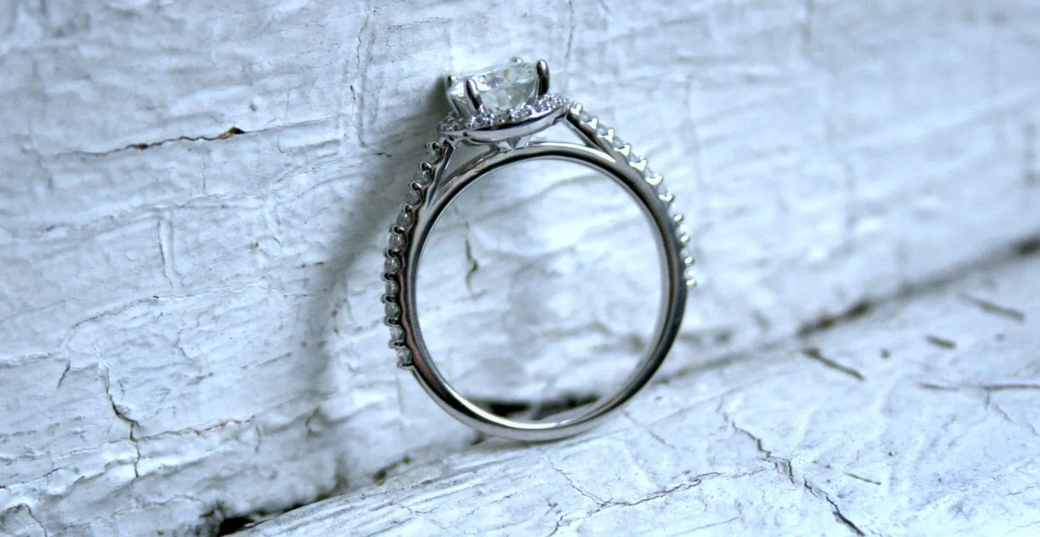 Classic Diamond Halo and Moissanite Engagement Ring in 18K White Gold - 0.67ct.