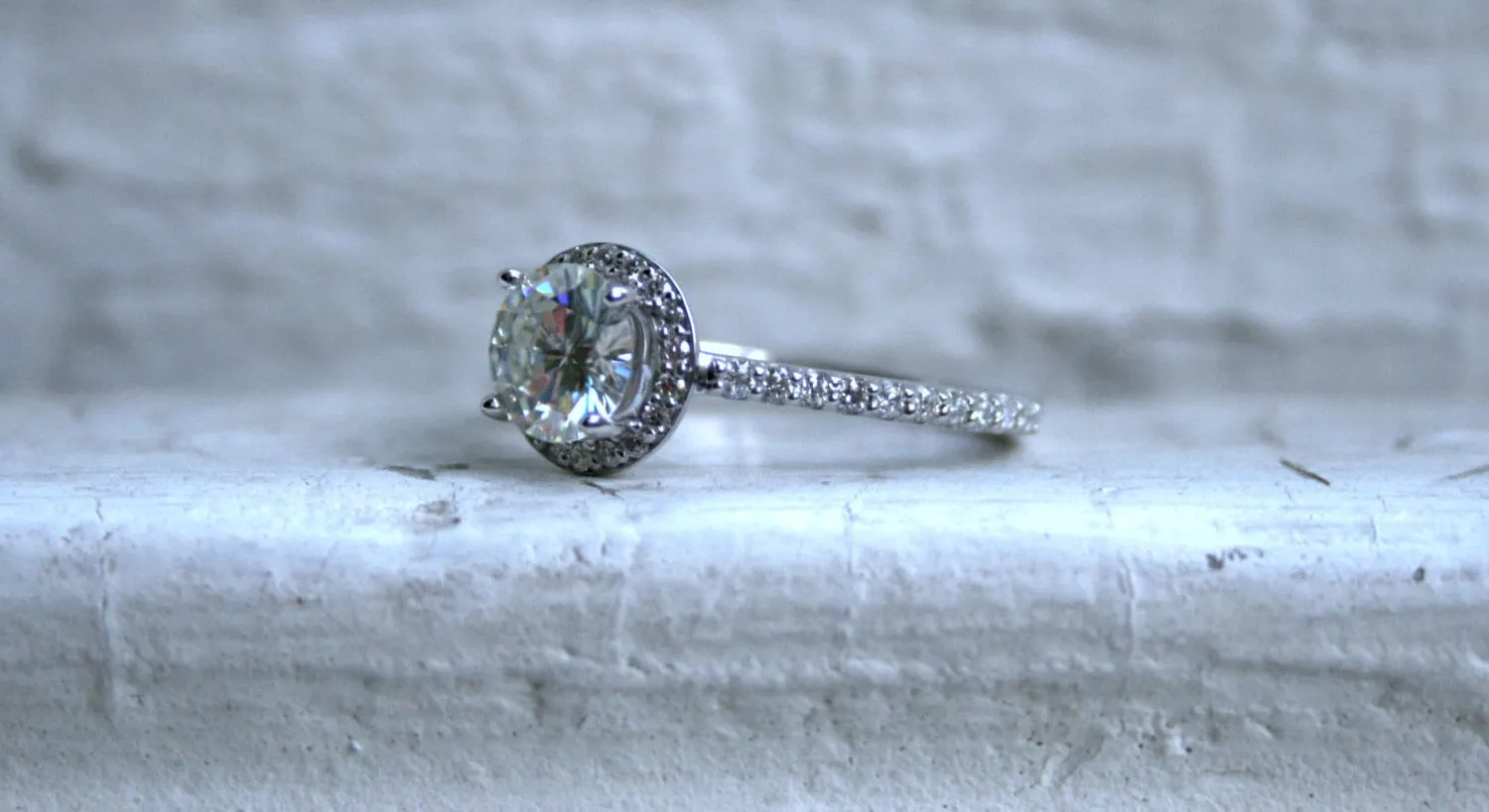 Classic Diamond Halo and Moissanite Engagement Ring in 18K White Gold - 0.67ct.