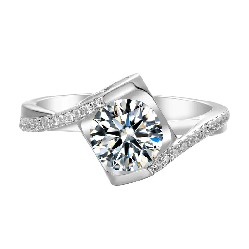 Classic Round Cut Moissanite Diamond Angle Solitaire Ring