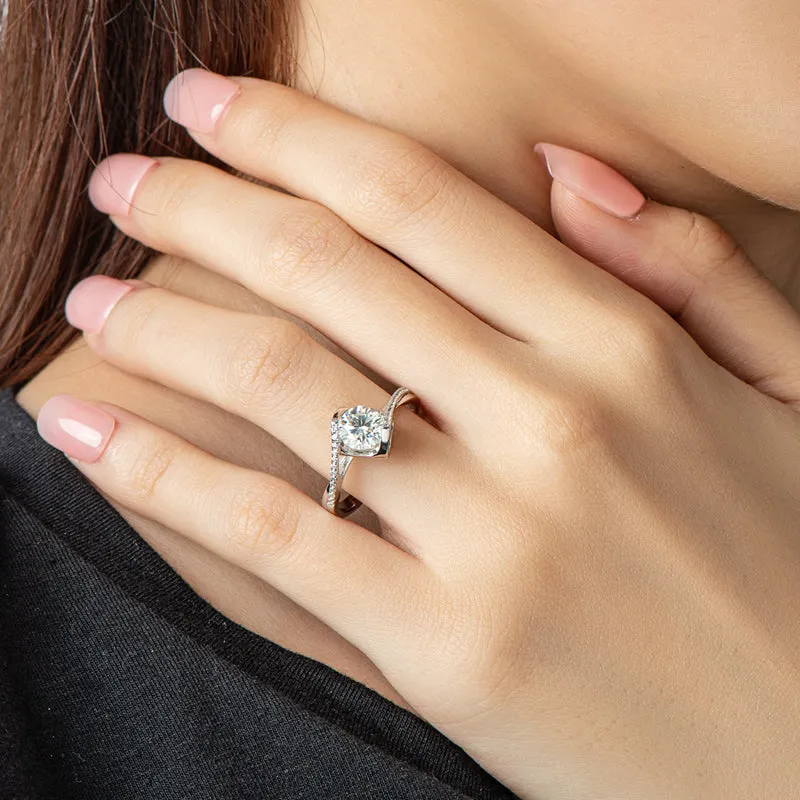 Classic Round Cut Moissanite Diamond Angle Solitaire Ring