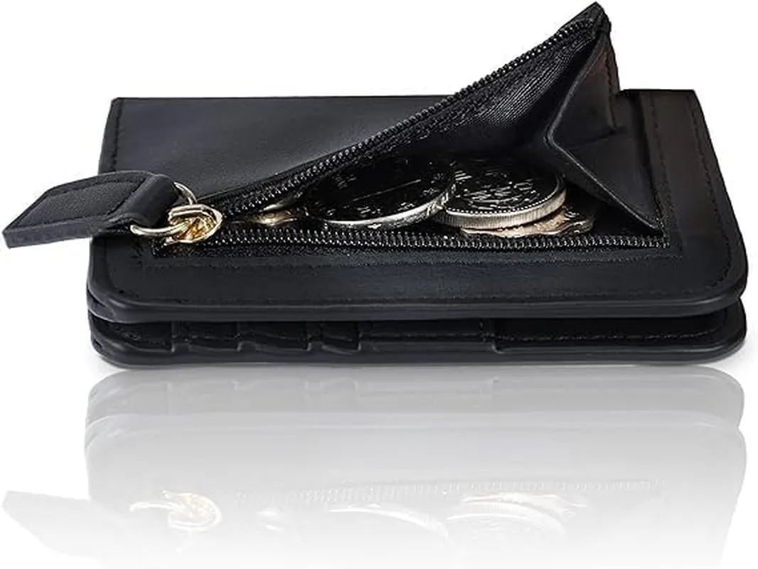 Compact Bifold Credit Card Holder, Leather Zipper Coin Wallets for Women
