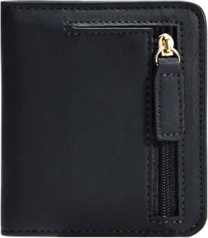 Compact Bifold Credit Card Holder, Leather Zipper Coin Wallets for Women