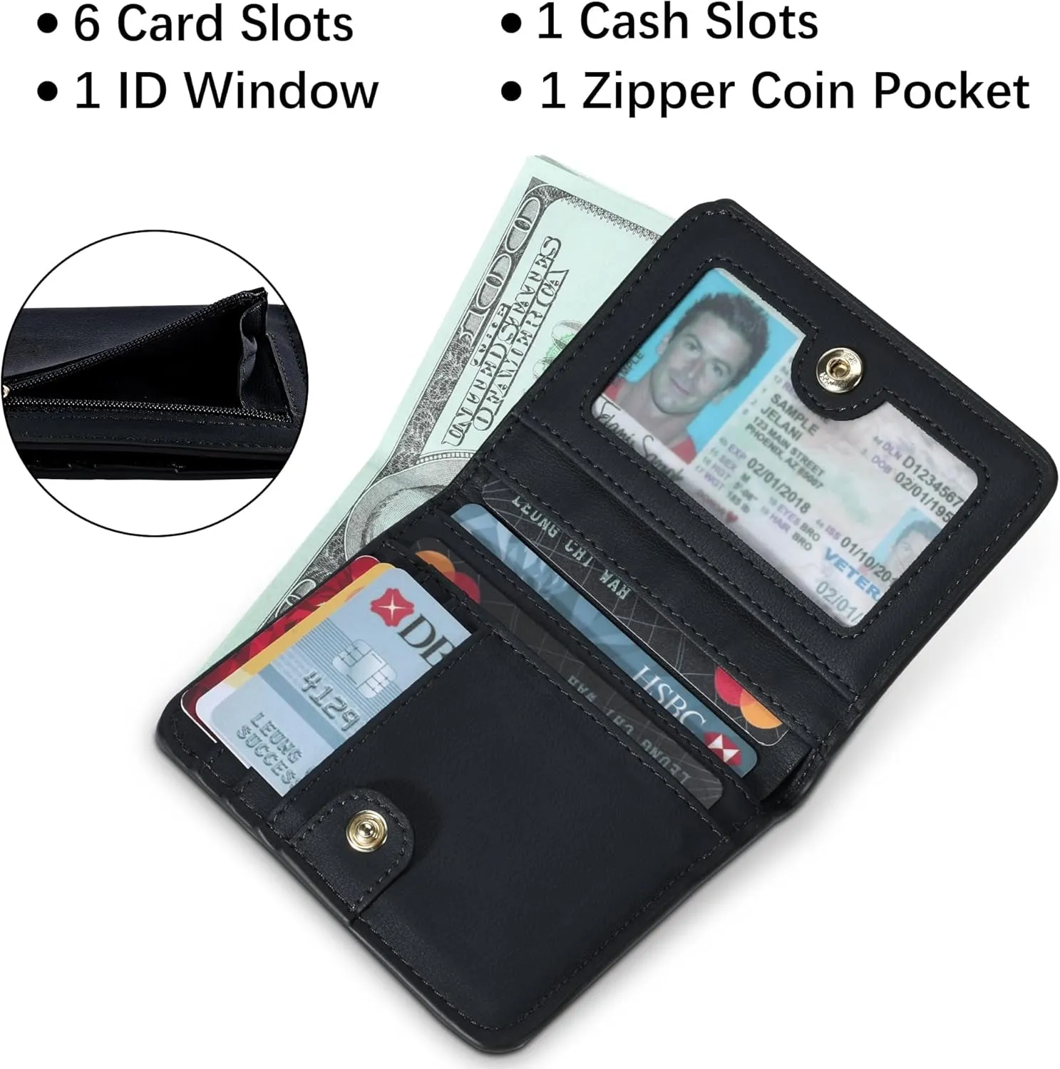 Compact Bifold Credit Card Holder, Leather Zipper Coin Wallets for Women