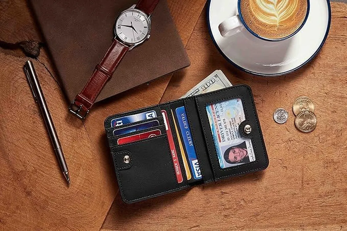 Compact Bifold Credit Card Holder, Leather Zipper Coin Wallets for Women