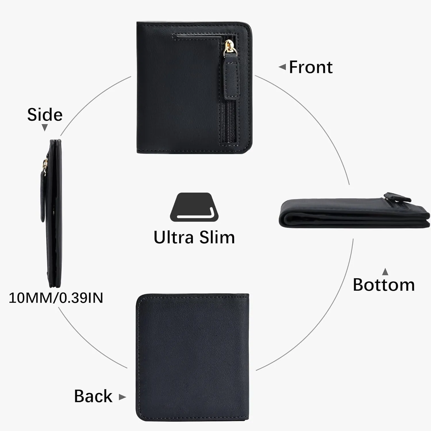 Compact Bifold Credit Card Holder, Leather Zipper Coin Wallets for Women