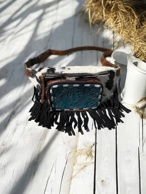 Cowhide & Tooled Leather Black Fringe Fanny Pack