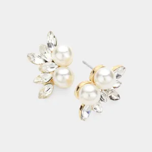 Cream Pearl and Marquise Stone Cluster Stud Earring on Gold | Bridal Earrings | 627096