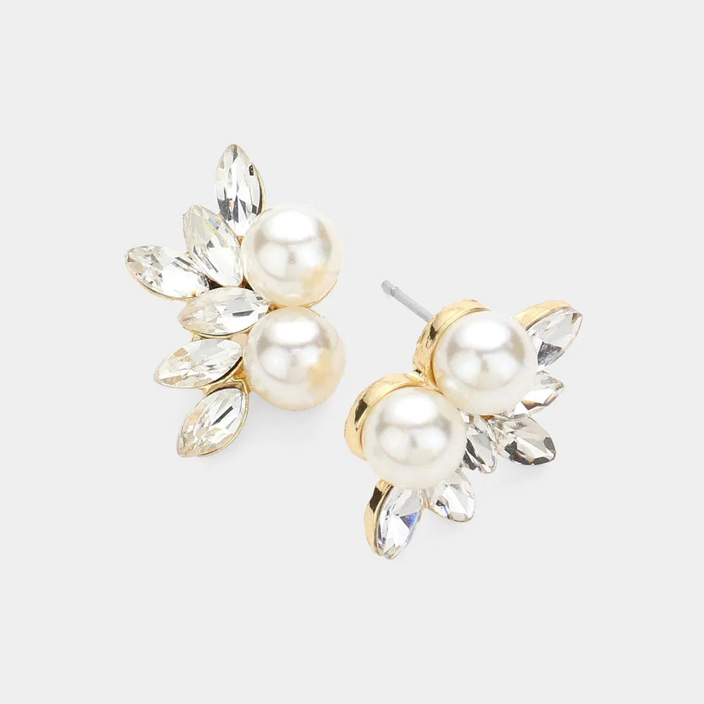 Cream Pearl and Marquise Stone Cluster Stud Earring on Gold | Bridal Earrings | 627096