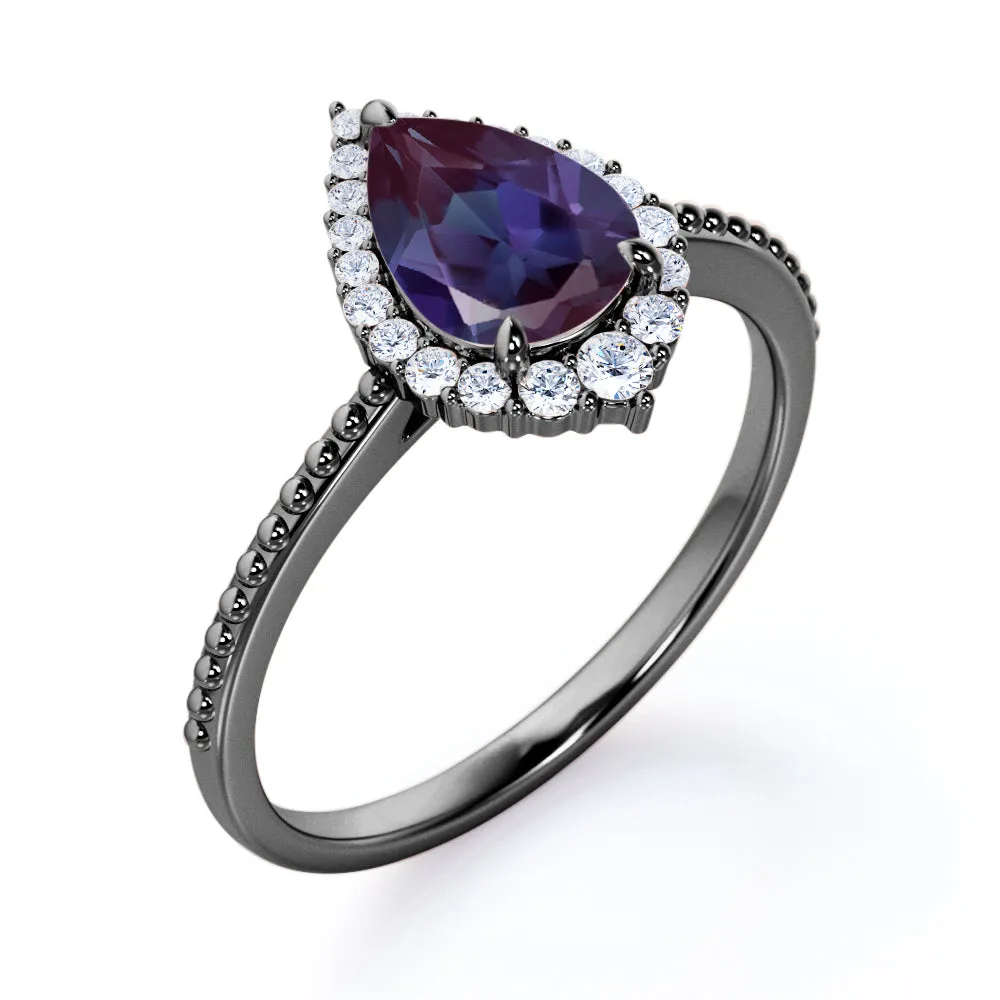 Crown Milgrain 1.25 carat Pear shaped Synthetic Alexandrite and diamond halo style engagement ring in Rose gold