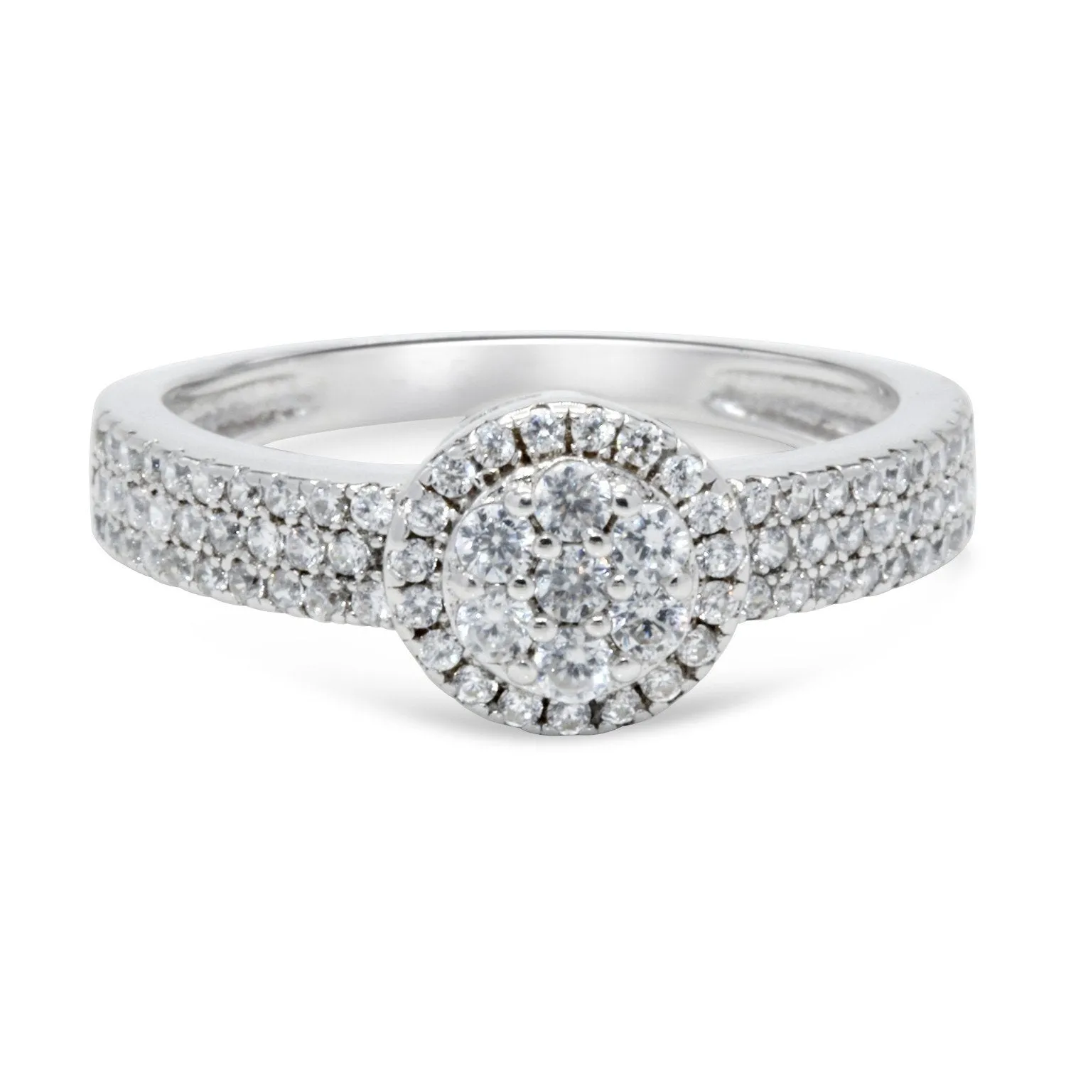 CZ 5mm Center Stone Halo Style Band White Gold Plated, Wedding Ring, Engagement Ring, Promise Ring