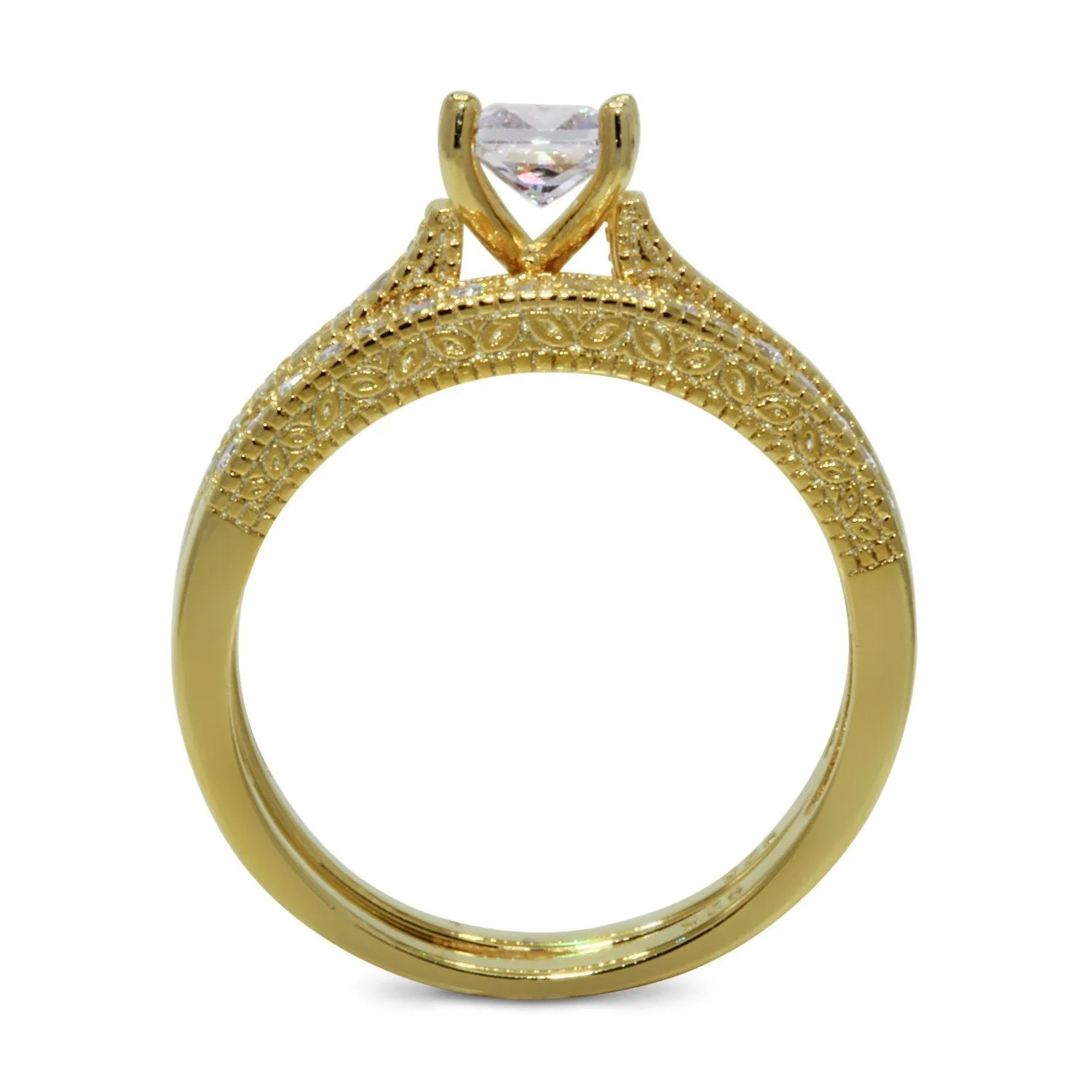 CZ 5mm Center Stone Sterling Silver Gold Plated Crossover Halo Wedding, Engagement Ring Set Size 8