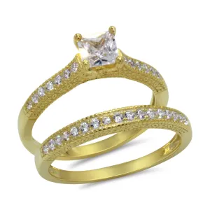CZ 5mm Center Stone Sterling Silver Gold Plated Crossover Halo Wedding, Engagement Ring Set Size 8