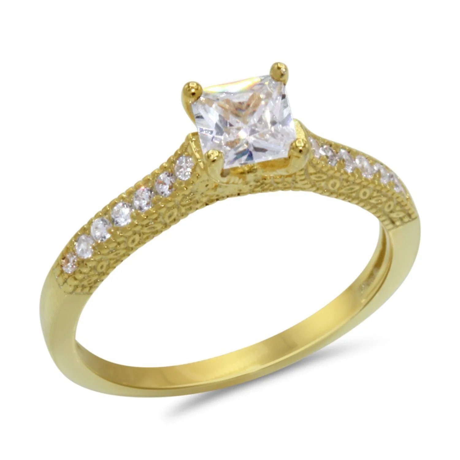 CZ 5mm Center Stone Sterling Silver Gold Plated Crossover Halo Wedding, Engagement Ring Set Size 8