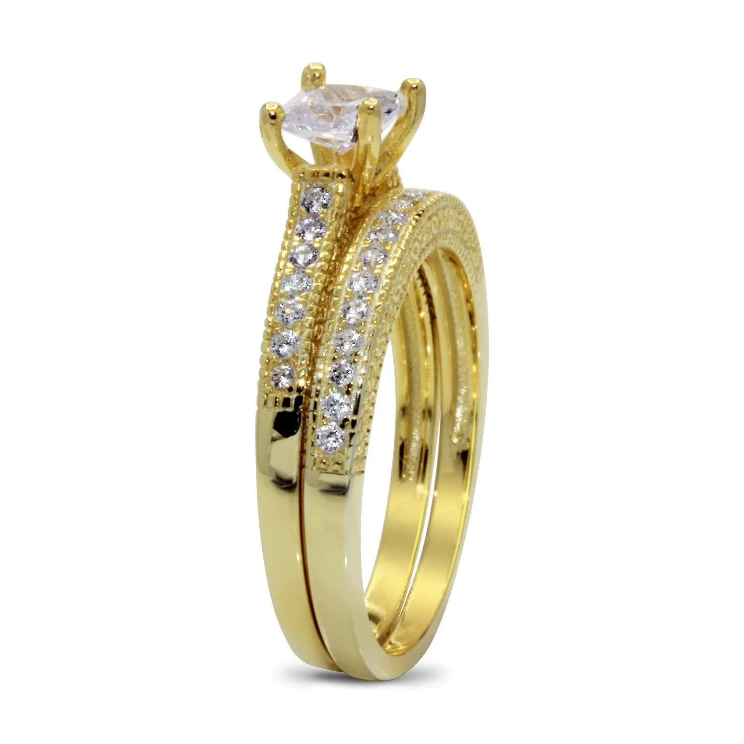 CZ 5mm Center Stone Sterling Silver Gold Plated Crossover Halo Wedding, Engagement Ring Set Size 8