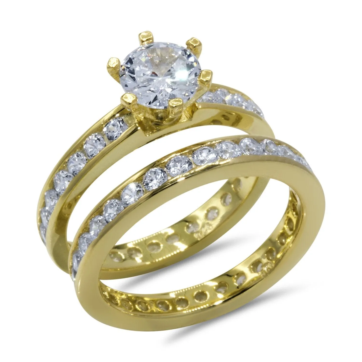 CZ 5mm Round Sterling Silver Gold Plated Crossover Halo Engagement Ring Set