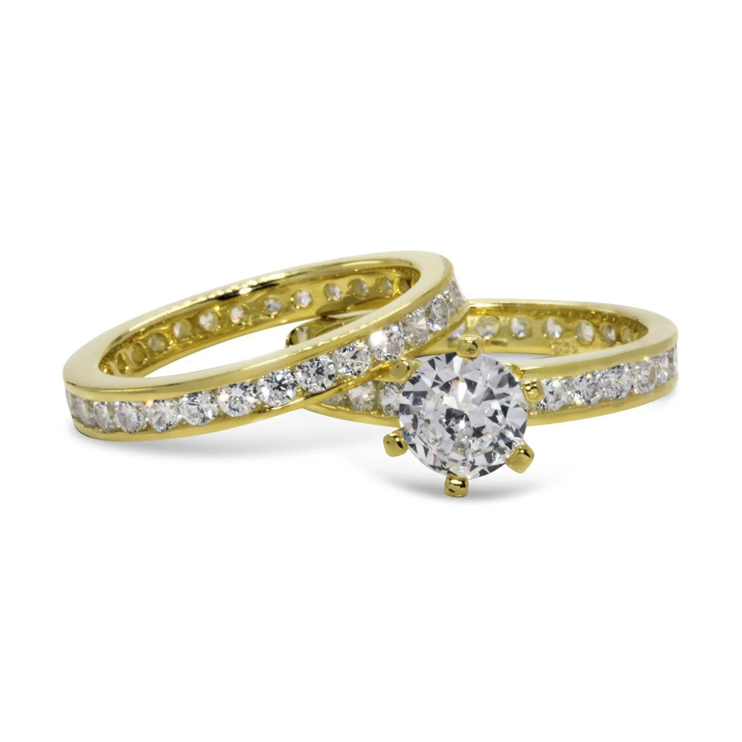 CZ 5mm Round Sterling Silver Gold Plated Crossover Halo Engagement Ring Set