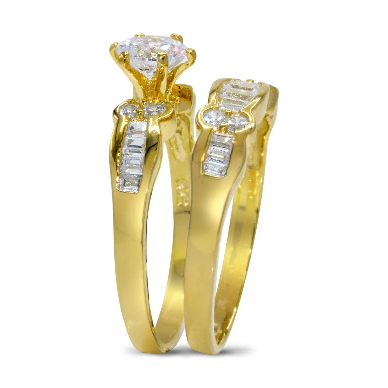 CZ 5mm Sterling Silver Gold Plated Crossover Halo Wedding Bridal Set, Engagement Ring