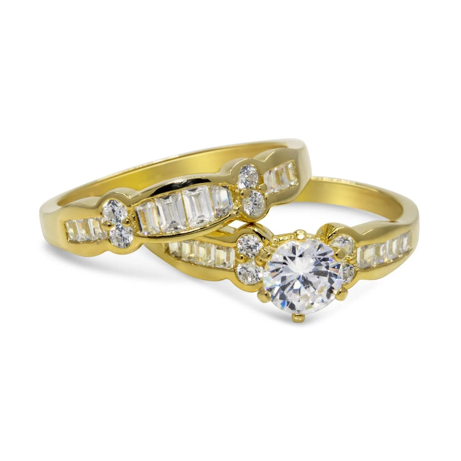 CZ 5mm Sterling Silver Gold Plated Crossover Halo Wedding Bridal Set, Engagement Ring
