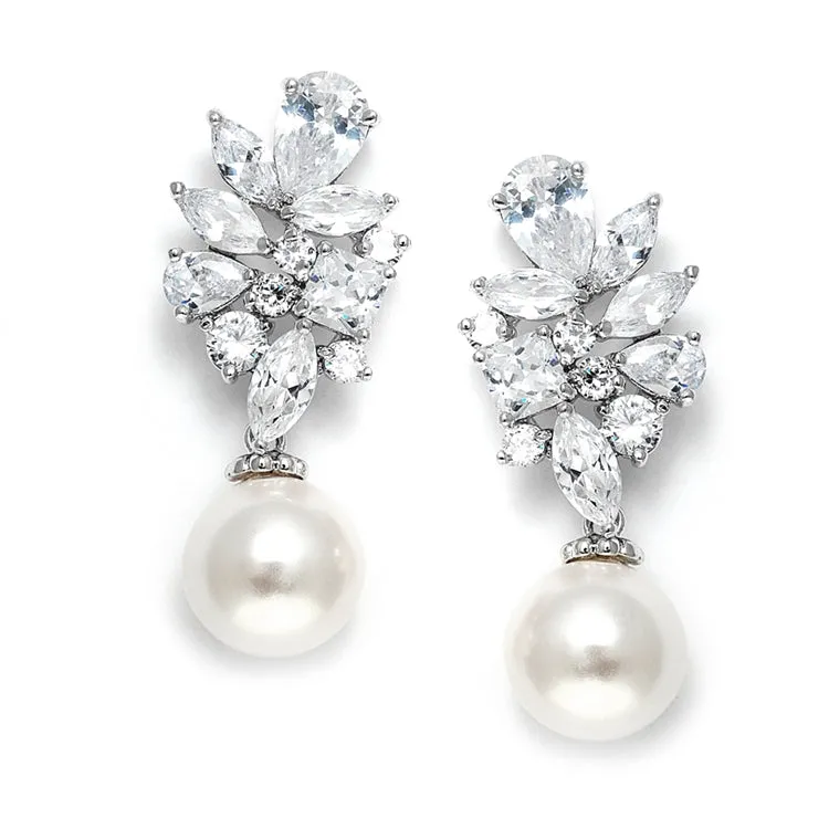 CZ Cluster Earrings Ivory Pearl Drops - Genuine Platinum Plated