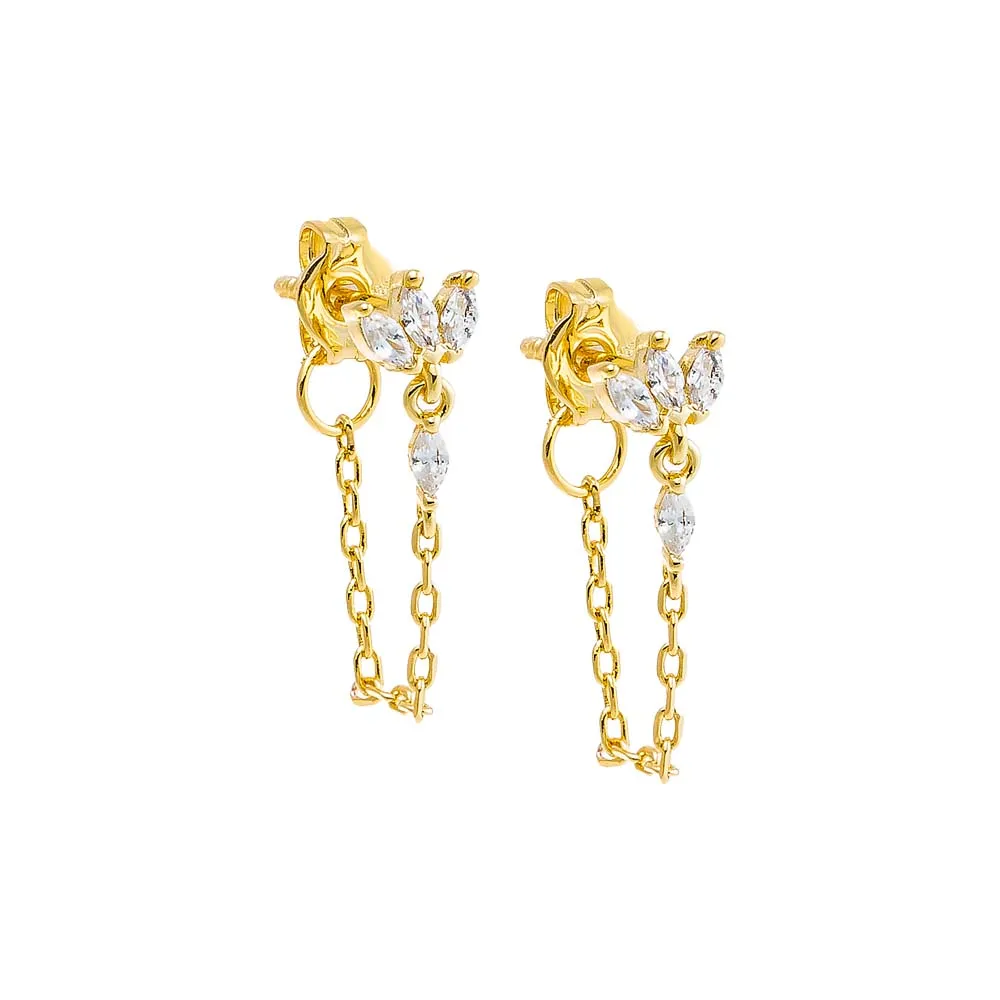 CZ Marquise Trio Cluster Chain Front Back Stud Earring