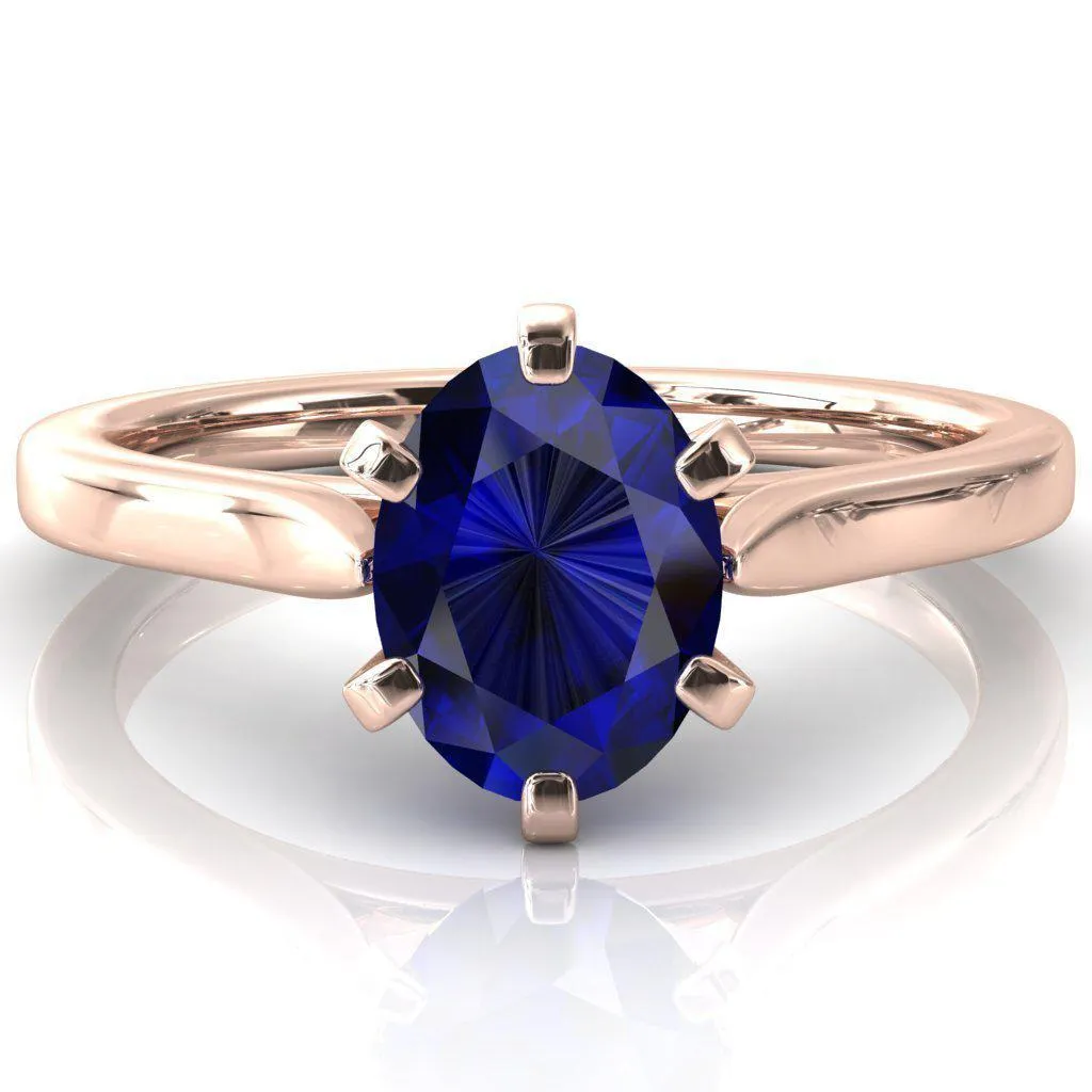 Darci Oval Blue Sapphire 6 Prong Cathedral Solitaire Engagement Ring