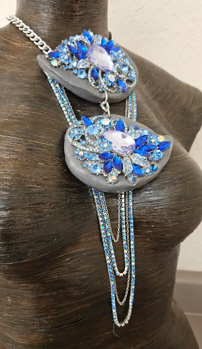 Diamante Rhinestone Double Jeweled Sculpted Statement Gemstone Pendant