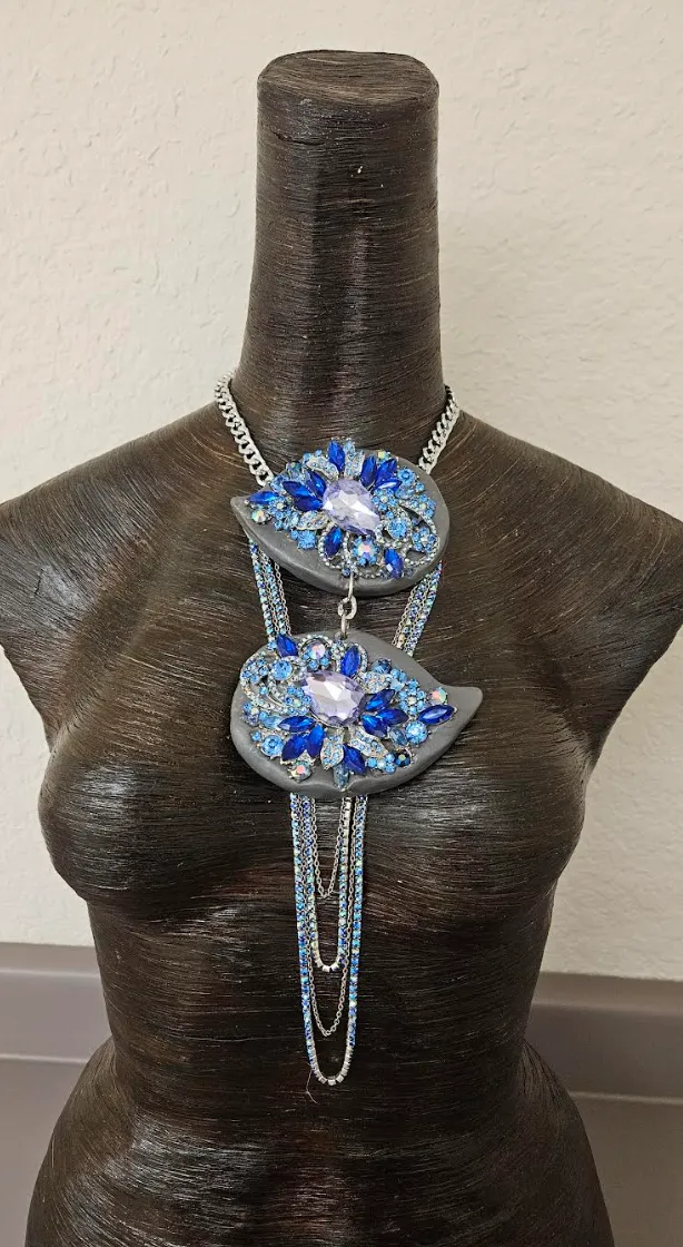 Diamante Rhinestone Double Jeweled Sculpted Statement Gemstone Pendant