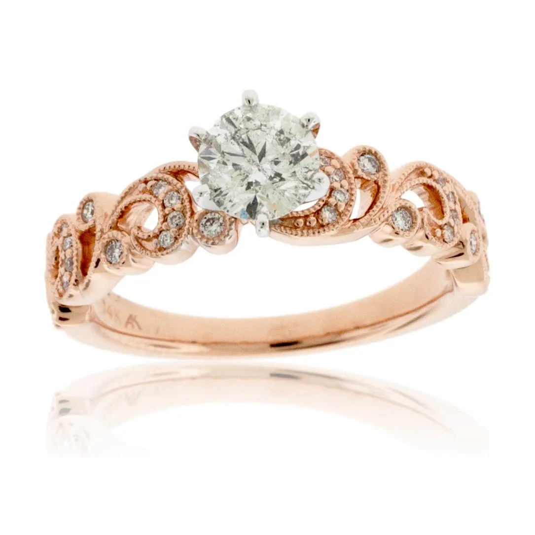 Diamond Center and Diamond Accented Vintage Style Engagement Ring