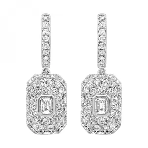 Diamond Cluster Dangle Earrings with Bezel-Set Emerald Cut Diamonds, 1.5 cttw
