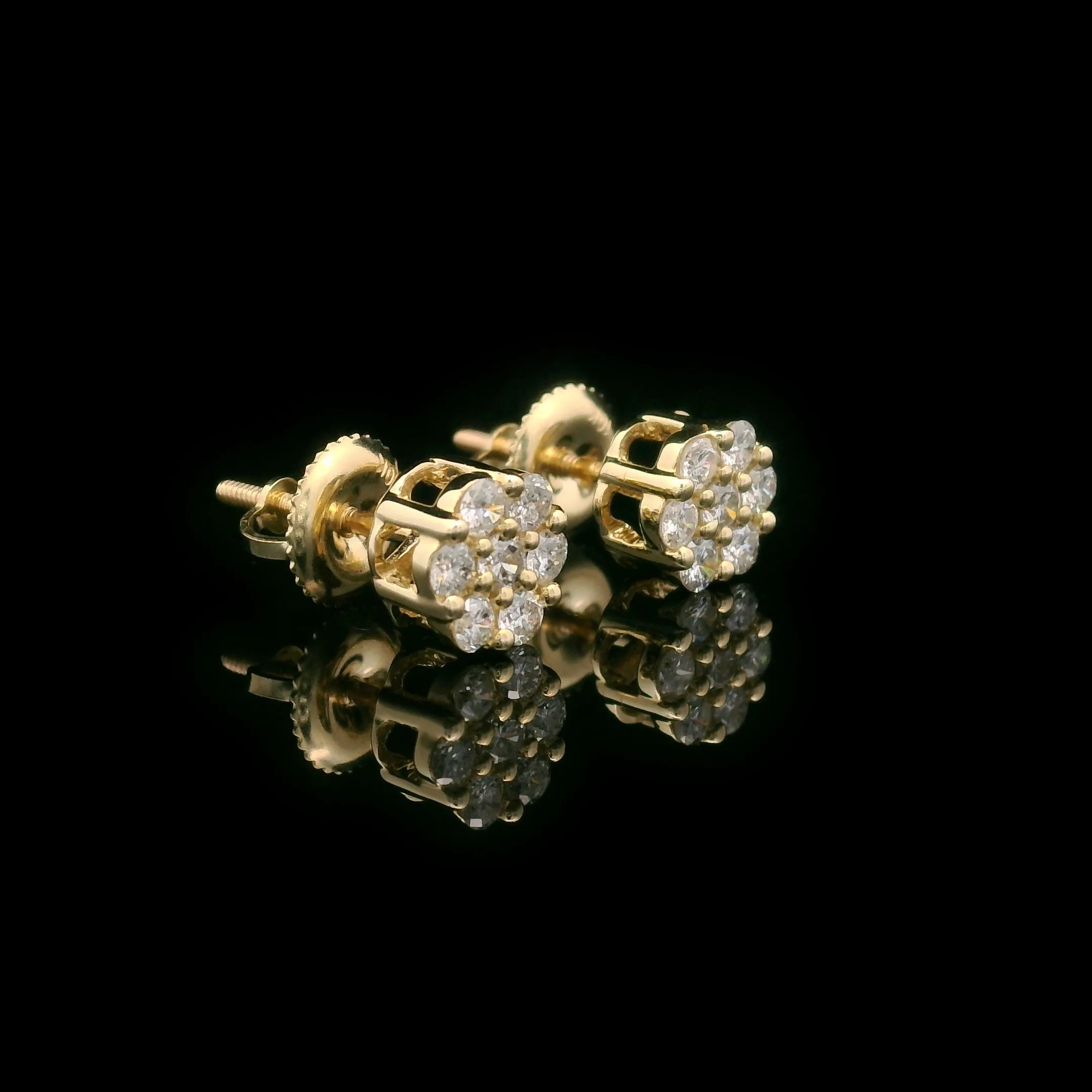 Diamond Flower Cluster Settings Screw Back Earrings 10k Yellow Gold 0.50ctw