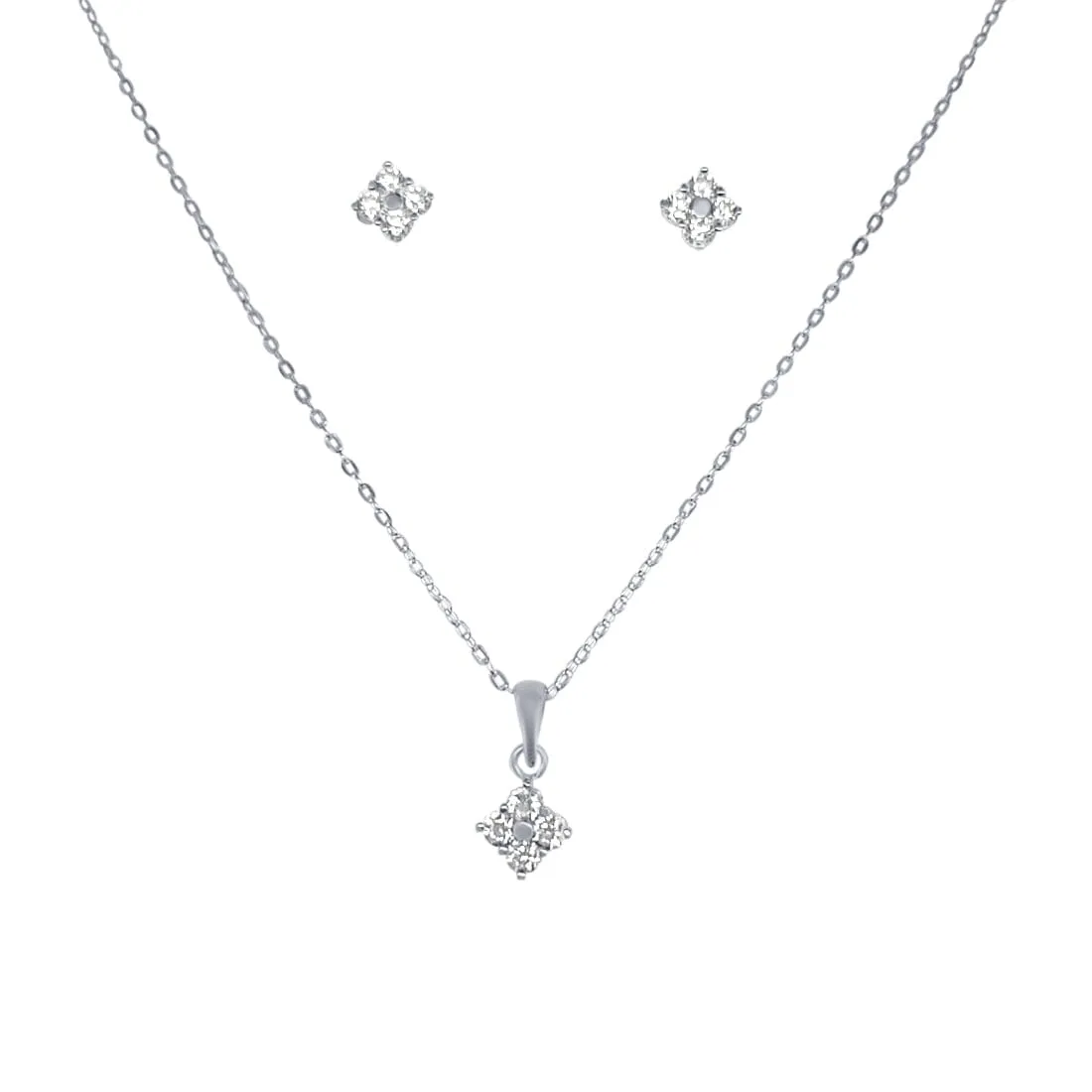 Diamond Shaped Cluster Stud Earrings and Necklace Set with Cubic Zirconia in Sterling Silver